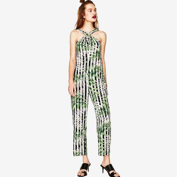 Zara Trafaluc Striped Leaf Print Jumpsuit Small Tropical Resort Vacation Summer - Picture 3 of 4